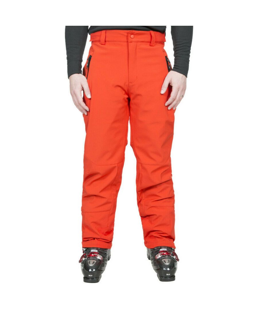 Mens ski trousers. Softshell with fleece back. Waterproof 2000mm. Fully lined. Windproof. Elasticated back waist. Comfort stretch. 3 welded zip pockets. Articulated knee darts. Side ankle zip. Ankle gaiters. Kick patches. Shell: 96% Polyester/4% Elastane TPU Membrane. Lining: 100% Polyamide. Trespass Mens Waist Sizing (approx): S - 32in/81cm, M - 34in/86cm, L - 36in/91.5cm, XL - 38in/96.5cm, XXL - 40in/101.5cm, 3XL - 42in/106.5cm.
