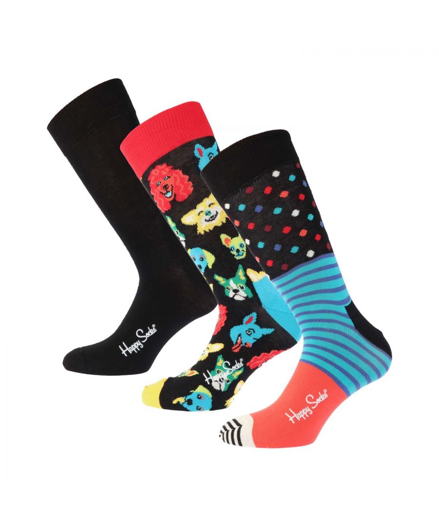 Happy Socks Waterfall 3 Pack Socks in black.- Comfortable  standard cuffs and toe seams.- Printed branding.- Regular fit.- 86% Cotton  12% Polyamide  2% Elastane.- Ref: CMD99219400