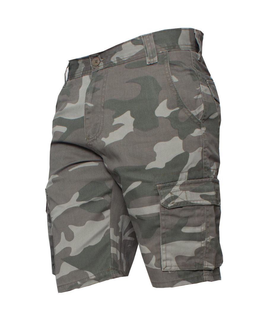 Kruze Camo Shorts in VNT Khaki, 65% Polyester, 35% Cotton, Mid Rise, Regular Fit Shorts, Featuring 2 Front Pockets, 2 Buttoned Back Pockets and 2 Velcro Side Pockets and Zip Fly Fastening, Machine washable, For Casual Occasions