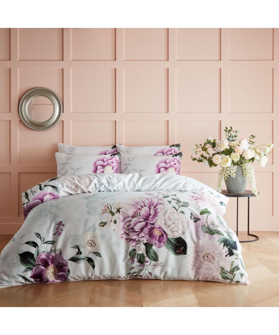 A botanical classic with all the elegance of an English country garden, this sophisticated print adorned with blooming roses to full and delicate peonies. This colour palette including soft tones of pink, purple and blue to create a tranquil and thoughtful mood. The duvet set features a plain, tonal colour reverse that compliments the elegant print. Includes 2 x pillowcases measuring 50 x 75cm.