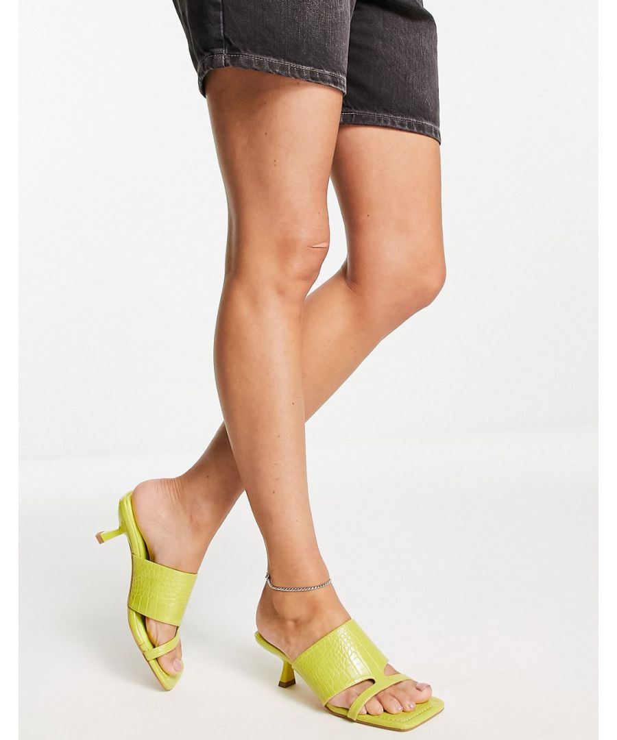 Mules by Topshop Who needs the back of a shoe? Mock-croc design Slip-on style Peep toe Mid flared heel Sold by Asos