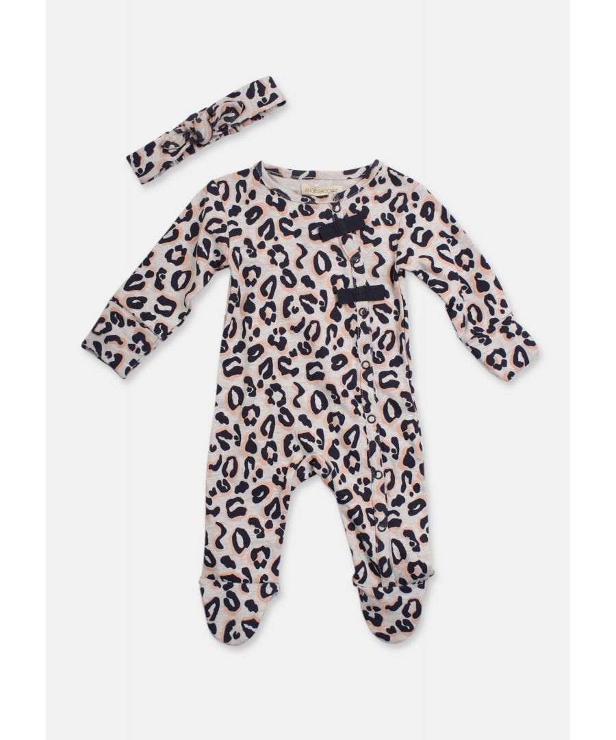 Be Bold in  animal print with side opening and  matching headband. Made in super soft cotton jersey with full popper opening for easy fuss free dressing and logo print on the feet. Older baby onesies have a rib cuff hem for Extra freedom when they discover walking!   Angel & Rocket cares – made with fairtrade cotton   Animal Mix   About me: 100% cotton.   Look after me: think planet  machine wash at 30c