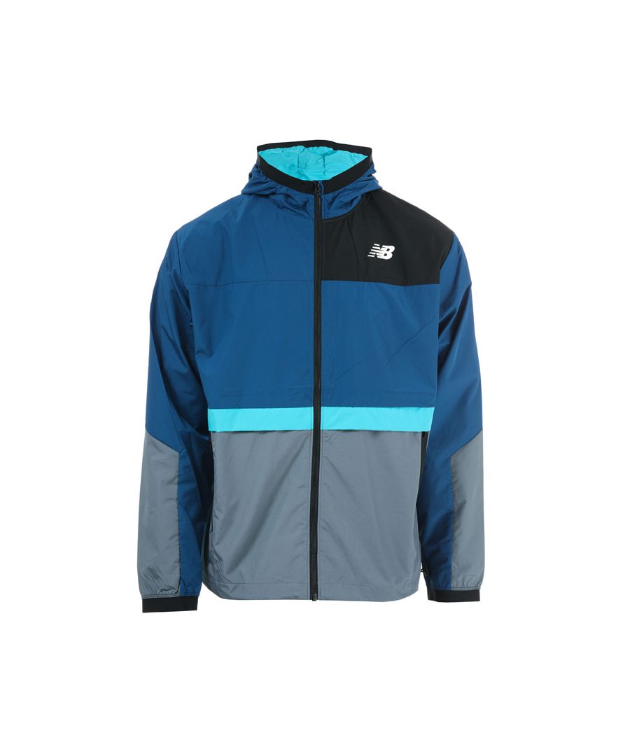Mens New Balance Lightweight Woven Jacket in blue.- Elastic hood.- Long sleeve design provides optimal coverage and protection against the elements.- Zip closure.- Front zip pocket.- Elastic cuffs.- Water-resistant  woven material designed.- NB DRY technology.- Athletic fit.- 100% Polyester. Machine washable.- Ref: MJ03044CNB