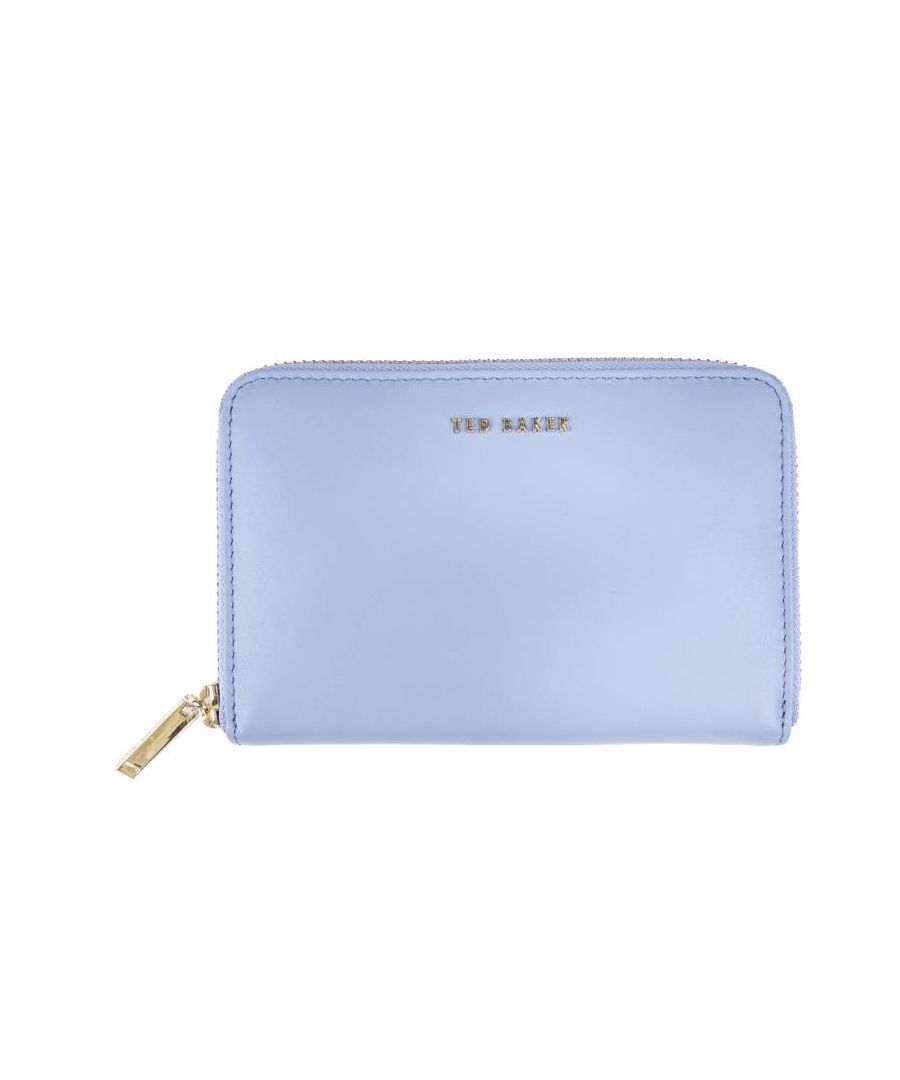 Womens blue Ted Baker garceta purse, manufactured with leather. Featuring: zip closure, eight card sections, four note compartments, gold hardware and central zip section.