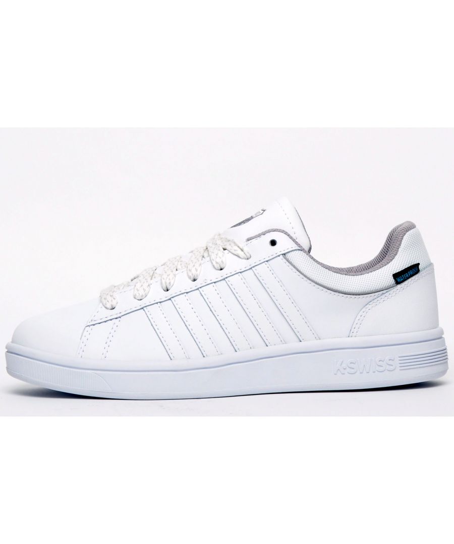 The K Swiss Court Hydro are a classic low-top trainer constructed in a white leather water-resistant upper with the brand's iconic 5-stripe design adorning the sides with an embroidered shield on the tongue, delivering a designer look which anyone would be proud to wear. K Swiss have combined quality, style and performance all rolled into one and this K Swiss Court Hydro is no exception, with its intricate decorative stitch detailing, water-resistant upper to keep your feet dry and traditional lace up fastening to keep your feet firmly in place, the Court Hydro is a timeless style offering a dynamic look on and off the court. \n - Leather upper \n - Water-resistant upper\n - Intricate stitch detailing delivers a designer look\n - Cushioned insole for increased comfort and support\n - Up-front lacing system delivers a safe and secure fit \n - Padded tongue, ankle and heel collar\n - K Swiss branding throughout.