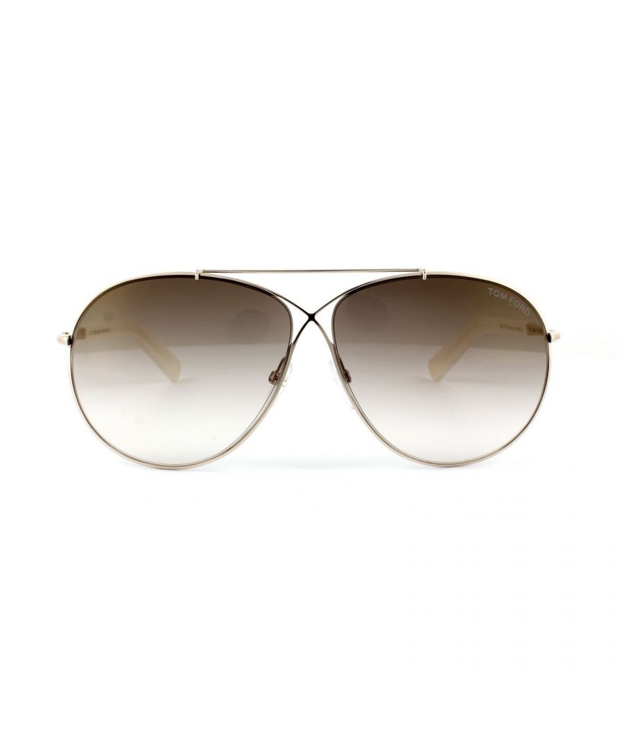 Tom Ford Sunglasses 0374 Eva 28G Shiny Rose Gold Brown Mirror bring back the signature criss cross lens style which was one of the hallmarks of the early Tom Ford sunglasses collections, in these stunning aviator style shades. A gap between the lenses and frame at the bridge matches superbly with the thin top brow bar which's brings the frame together. Acetate temples widen and flare out towards the temple tips with Tom Ford logo plaques there and the Tom Ford logo shows on the left lens.