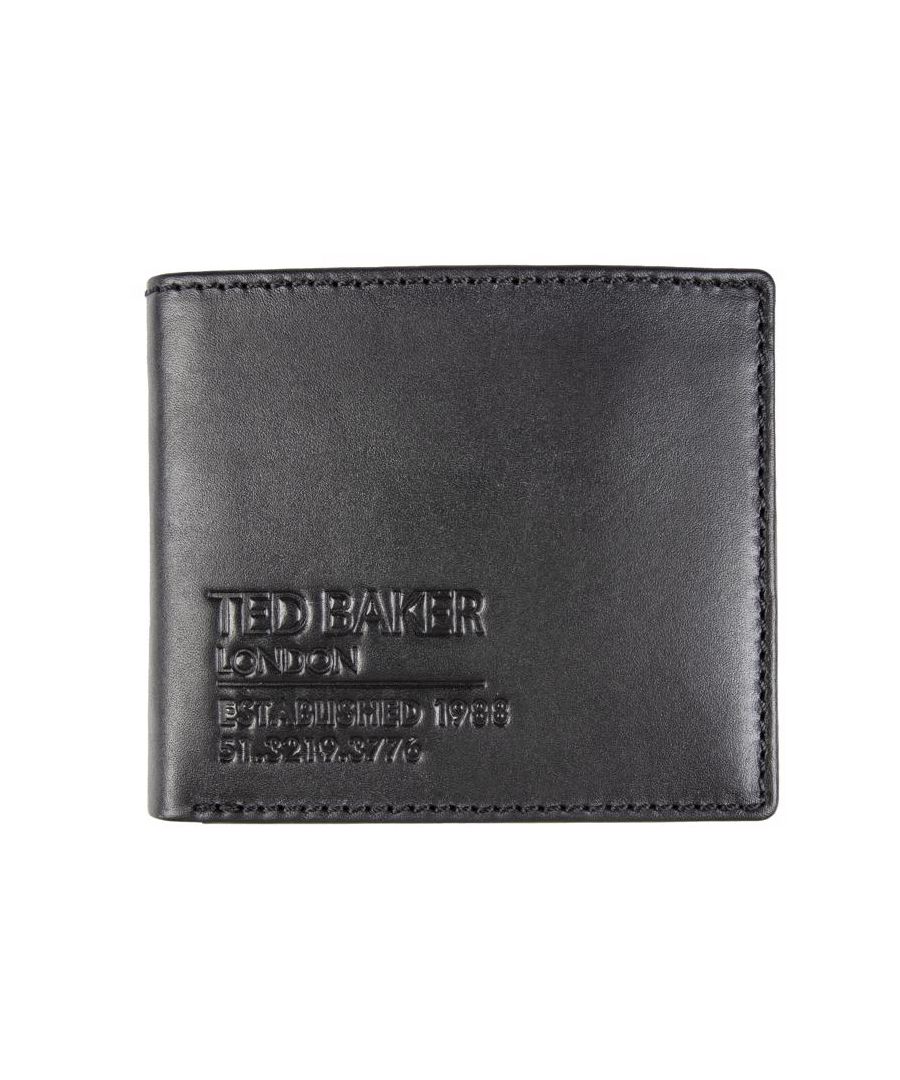 Mens black Ted Baker groote wallet, manufactured with leather. Featuring: front branding, 6 card sleaves, twin note sections, coin compartment and presentation box.
