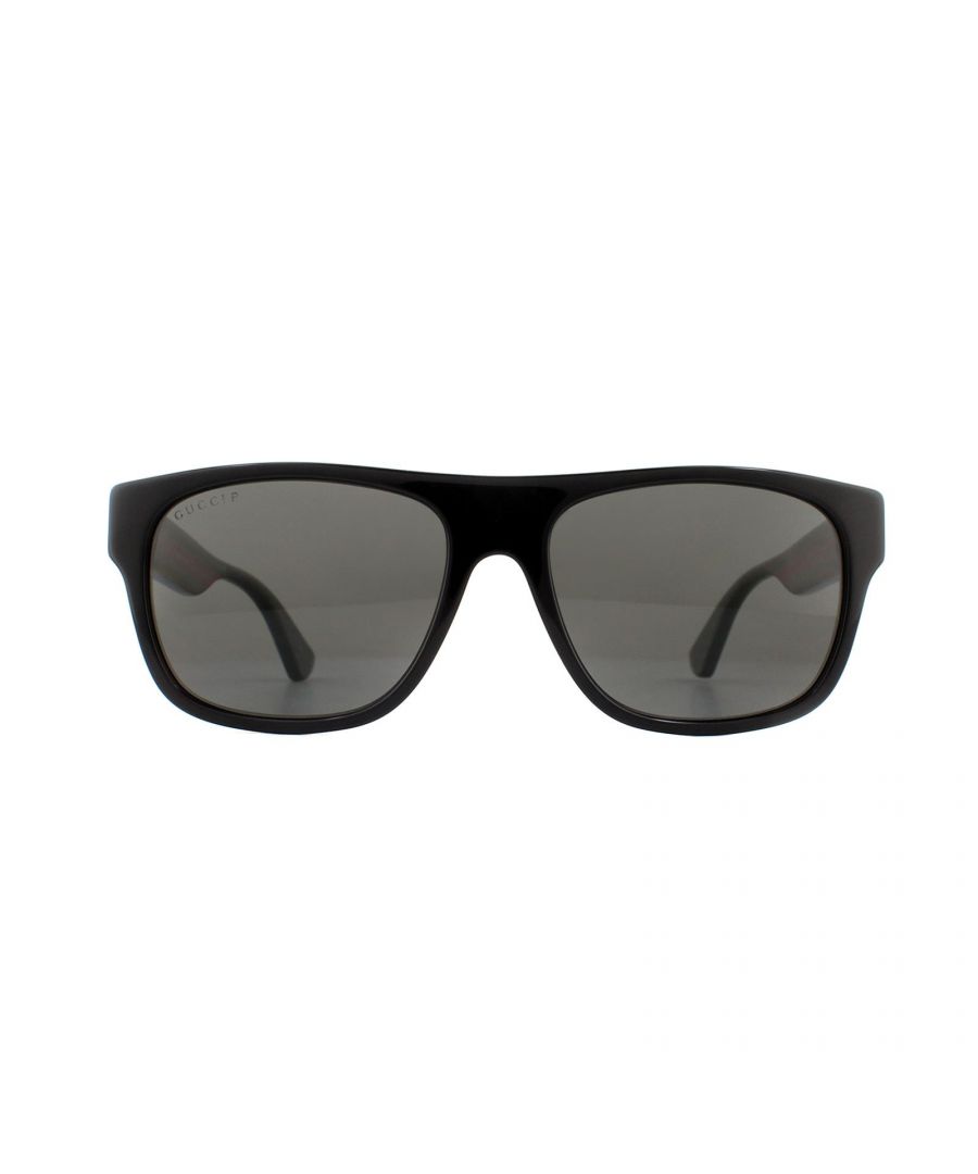 Image for Gucci Rectangle Mens Black with Green and Red Stripe Grey Polarized Sunglasses