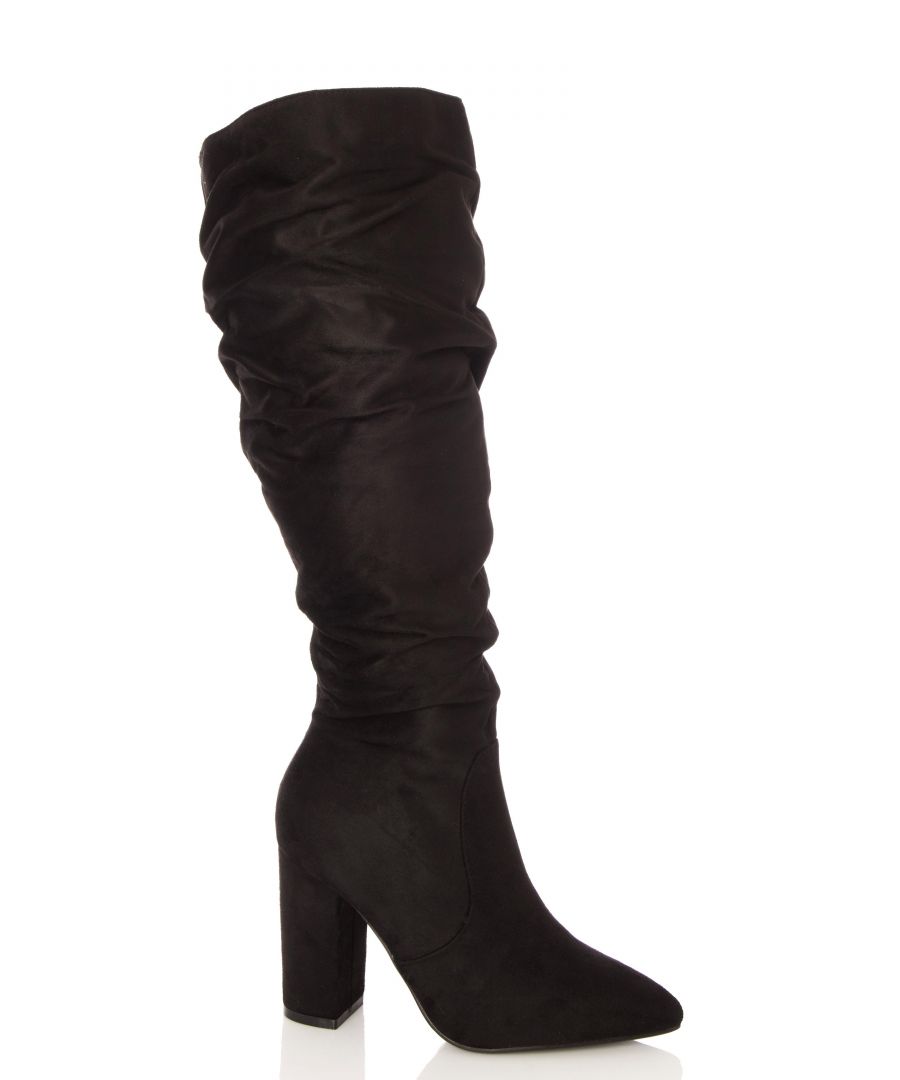 - Wide fit   - Faux Suede   - Chunky heel  - Ruched detail  - Pointed toe  - Inner zip  - Heel height 3.5
