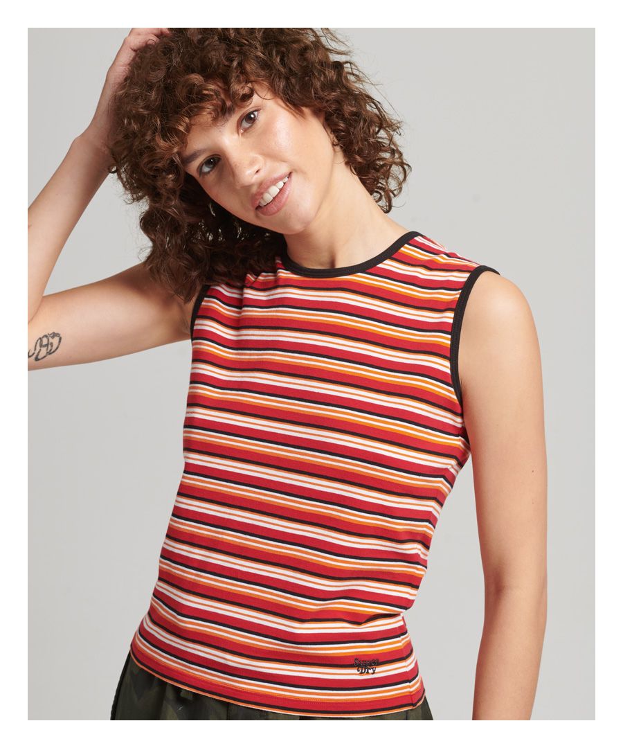 Bring those surfer vibes to your wardrobe with our Cali stripe tank top. An iconic way to add a touch of vintage style to your outfit, so you can be authentically yourself.Slim fit – designed to fit closer to the body for a more tailored lookScoop neckSleevelessStriped trimsEmbroidered logoHorizontal stripes of white, blue and coral across the chest, increasing in width.