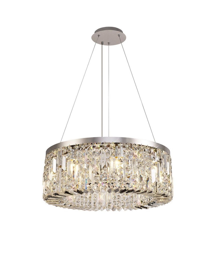 60cm Round Ceiling Pendant Chandelier, 8 Light E14, Polished Chrome, Crystal | Finish: Polished Chrome | IP Rating: IP20 | Min Height (cm): 45 | Max Height (cm): 177 | Diameter (cm): 60 | No. of Lights: 8 | Lamp Type: E14 | Dimmable: Yes - Dimmable Lamps Required | Wattage (max): 40W | Weight (kg): 11.8kg | Bulb Included: No