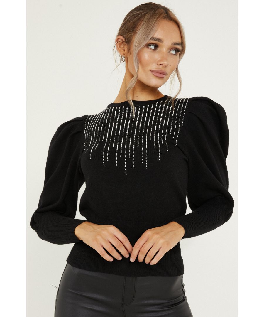 Image for Black Knitted Diamante Puff Sleeve Jumper