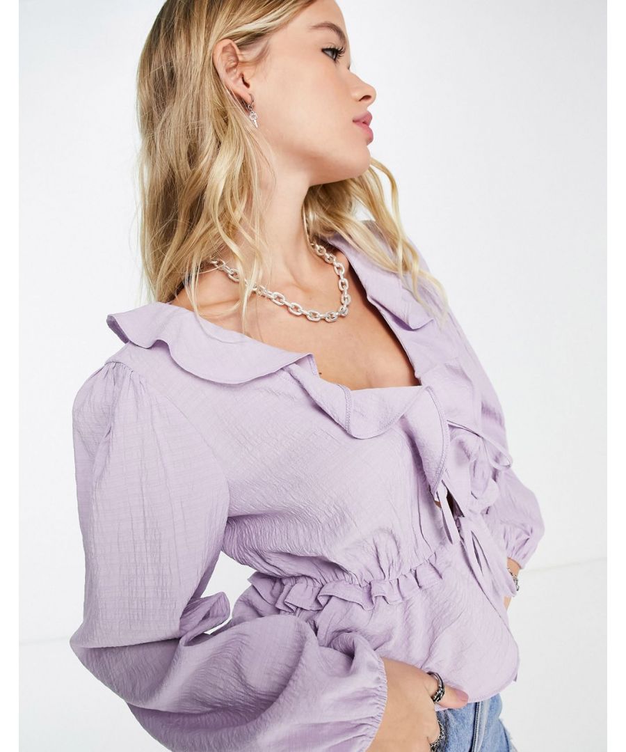 Blouse by Topshop Next stop: checkout V-neck Tie front Volume sleeves Frill details Regular fit Sold by Asos