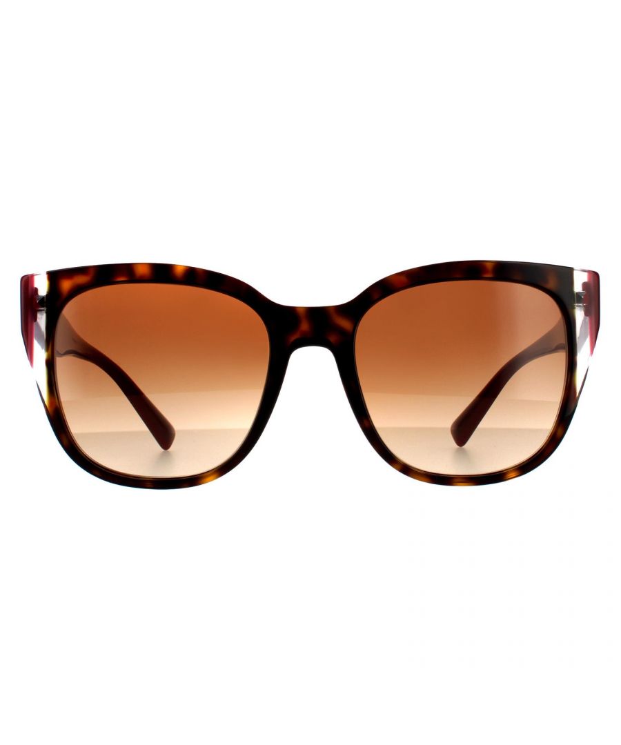 Valentino Square Womens Havana Crystal Burgundy Brown Gradient Sunglasses VA4040 are a glamorous square style that flatters most face shapes. Slim temples feature the Valentino for brand recognition while rivet front details complete the fashionable look