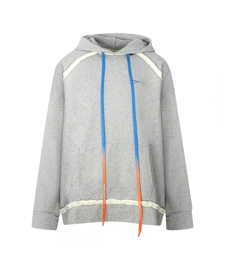 Off-White Grey Hoodie. Long Bright Gradient Drawstrings. Blue Arrow Design On Back. Drawstring Adjustable Hood. Style Code: OMBB057F19E300100730