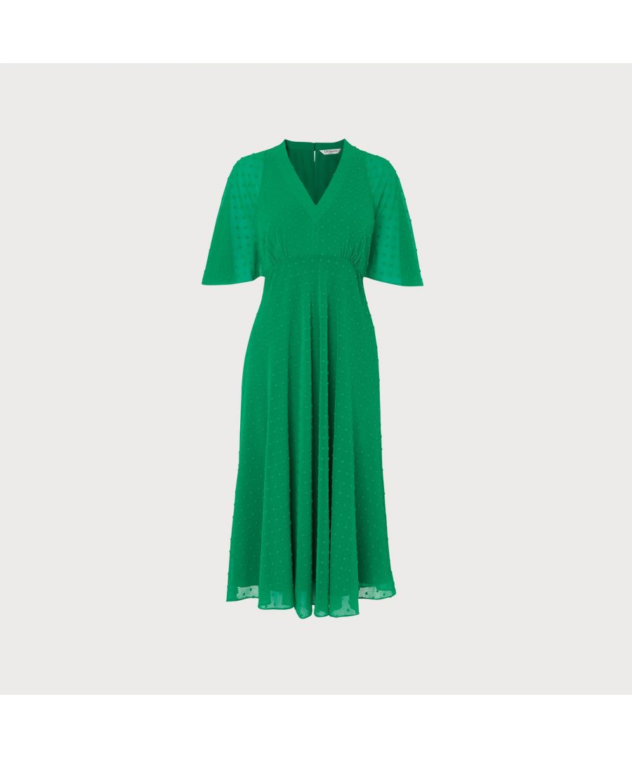 Offering a fresh hit of colour on spring days, our Claud midi dress in fern green is light, bright and easy to wear. It's crafted from a lightweight self-spot fabric and has a V-neck, cape-like sleeves, pleating at the bust and falls to a floaty skirt. Wear it with a contrast colour pair of courts and a chic leather handbag.