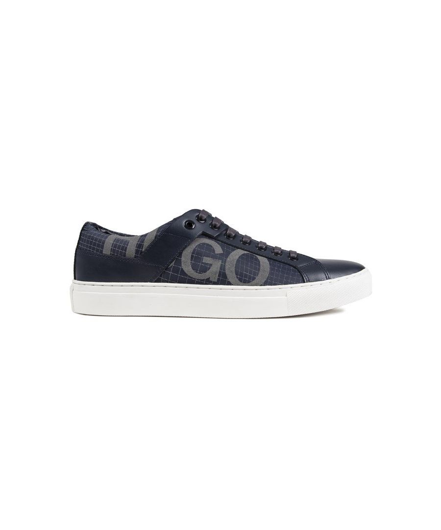 Men's Navy-blue Hugo Futurism Tenn Lace-up Trainers With Logo Printed Textile Upper Featuring Leather Overlays And Branded Tongue And Heel. These Court-style Sneakers Have A Leather And Textile Lining, Moulded Cushioned Footbed, And White, Rubber Cupsole Branded Sole.