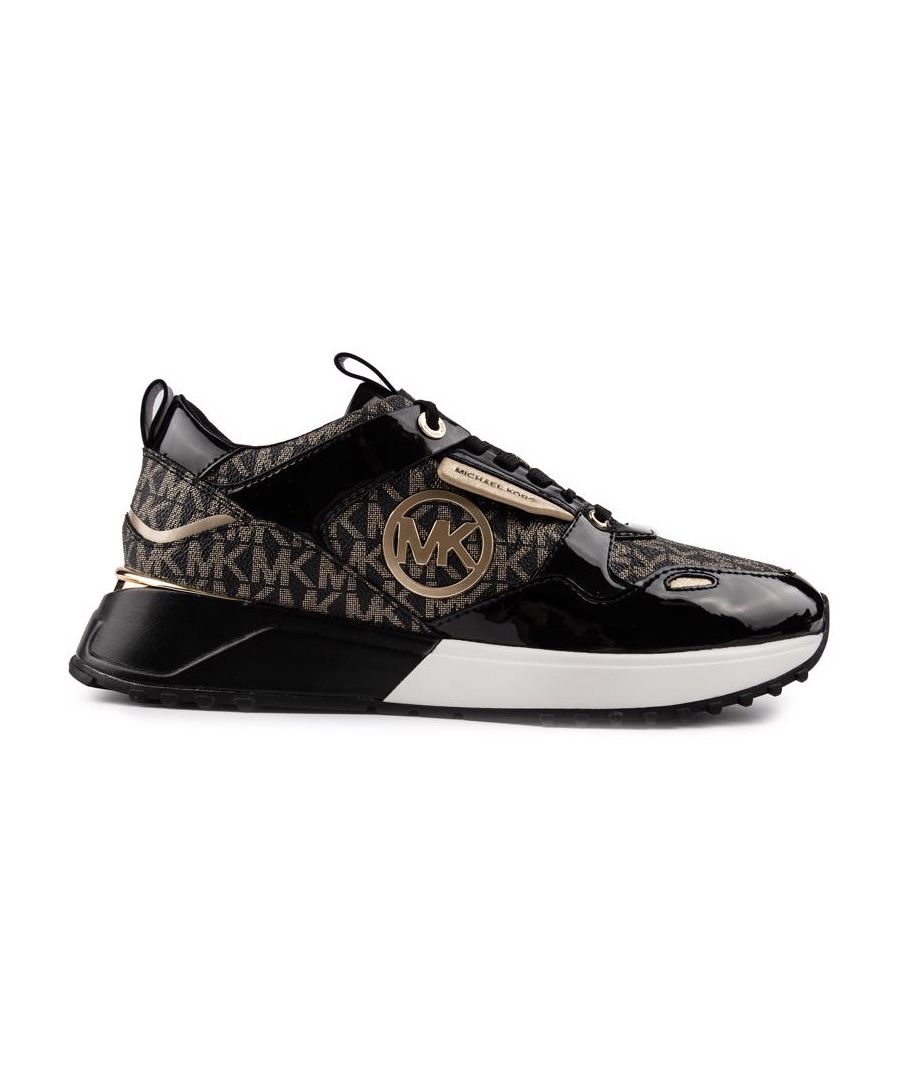 This Michael Kors Theo Trainer Is The Ultimate In Stylish Comfort. Featuring A Black Mixed Upper With Patent And Branding Details And An Eye-catching Design, These Designer Shoes Have Beautiful Branded Gold Detailing And Signature Mk-logo On The Side For A Stand Out Smart-casual Fashion Look.