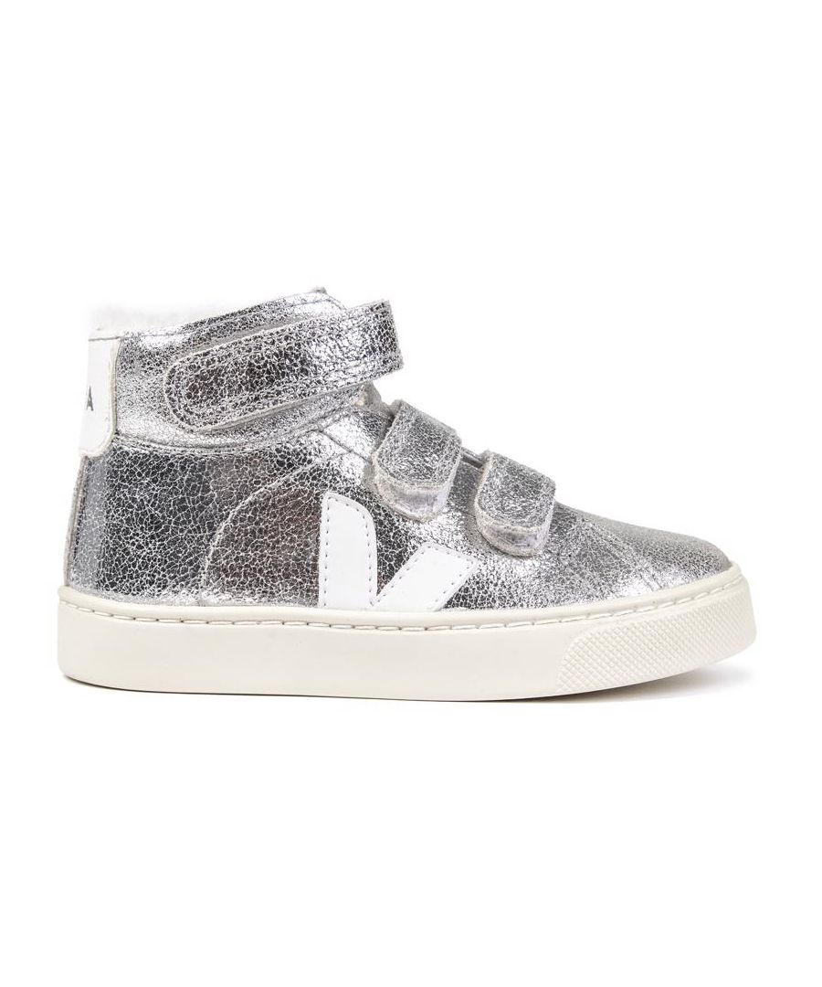 Infants Metallic Silver Veja Espar Mid Leather Trainers With Triple Easy Hook And Loop Fastening, And Iconic Logo In White On Side And Heel Pad. These Mini Versions Of The Adult Espar Have A Padded Textile Lining And Off-white Rubber Sole.