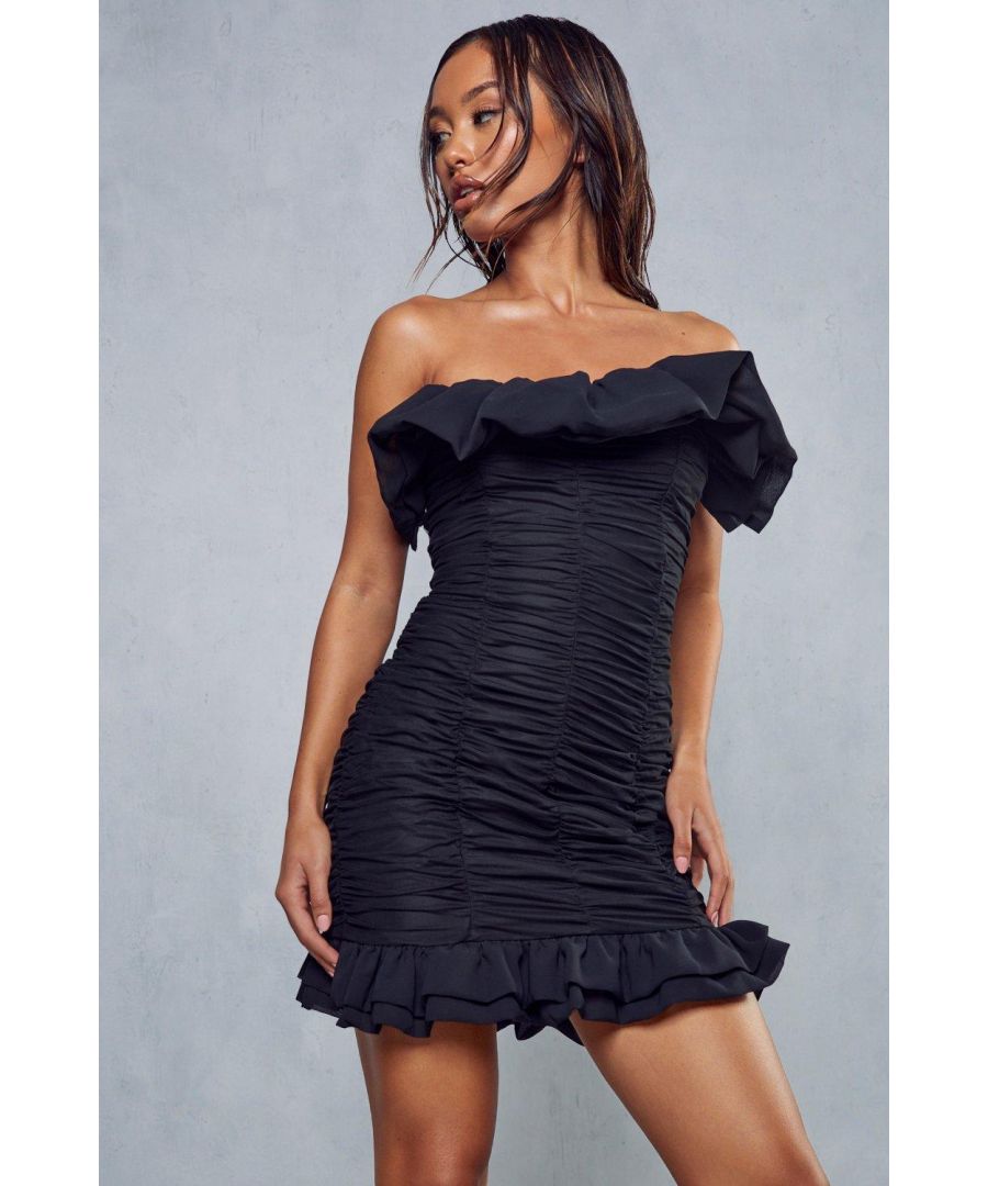 Misspap Womens Premium Extreme Ruffle Bardot Mini Dress - Black - Size 10 Uk