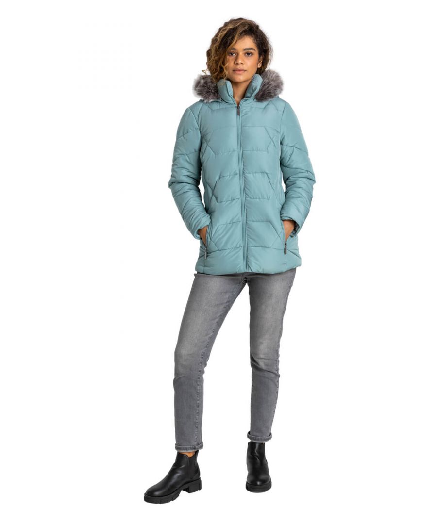 Roman Originals Faux Fur Trim Hooded Coat in Sage