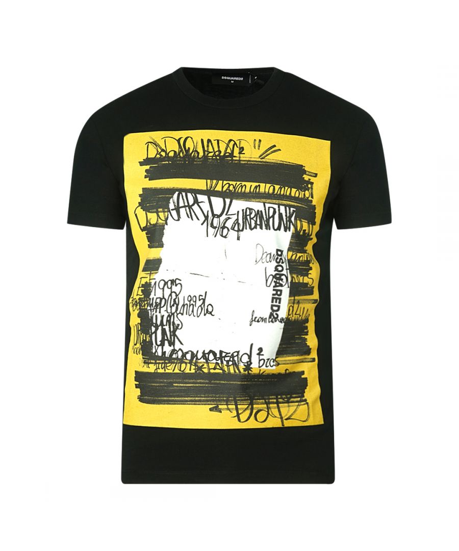 Dsquared2 Black T-Shirt. Cool Fit Style, Fits True To Size. 100% Cotton. Block Yellow With Graffiti Design. Style Code - S71GD0741 S22427 900
