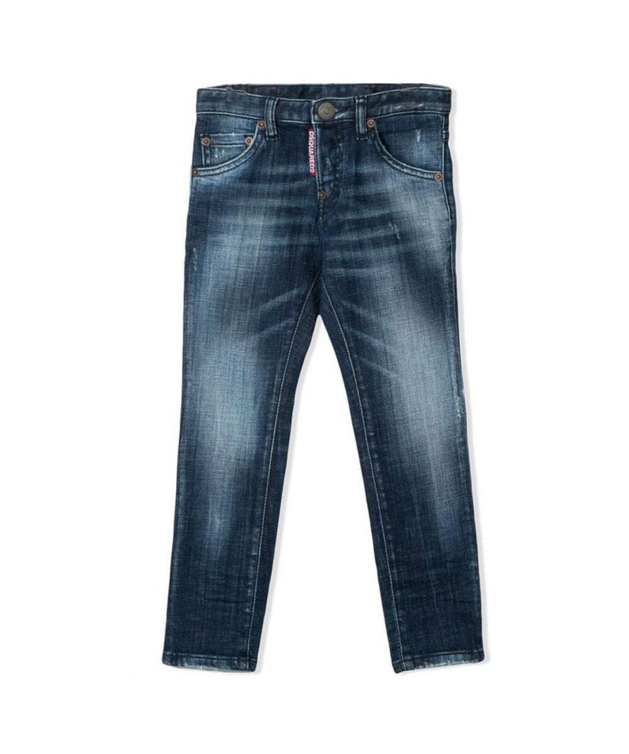 These blue denim jeans from Dsquared2 feature button fastening with branding, five pocket design and distressed detailing throughout.