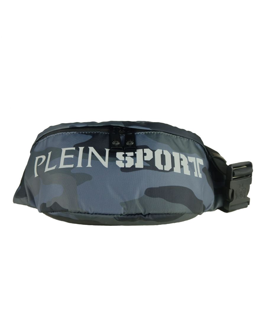 Plein Sport pouch with camouflage print, front and back pocket with zip closure, adjustable shoulder strap. Grey logo on the front Size: 27x10x15 cm