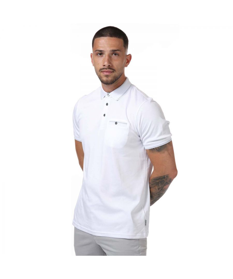 Mens Ted Baker Boomie Polo Shirt in white.- Ribbed collar.- Short sleeves.- Three-button placket.- Button-up chest pocket.- Contrast stripe tipping.- Regular fit.- 100% Cotton.- Ref: 158415WHITE