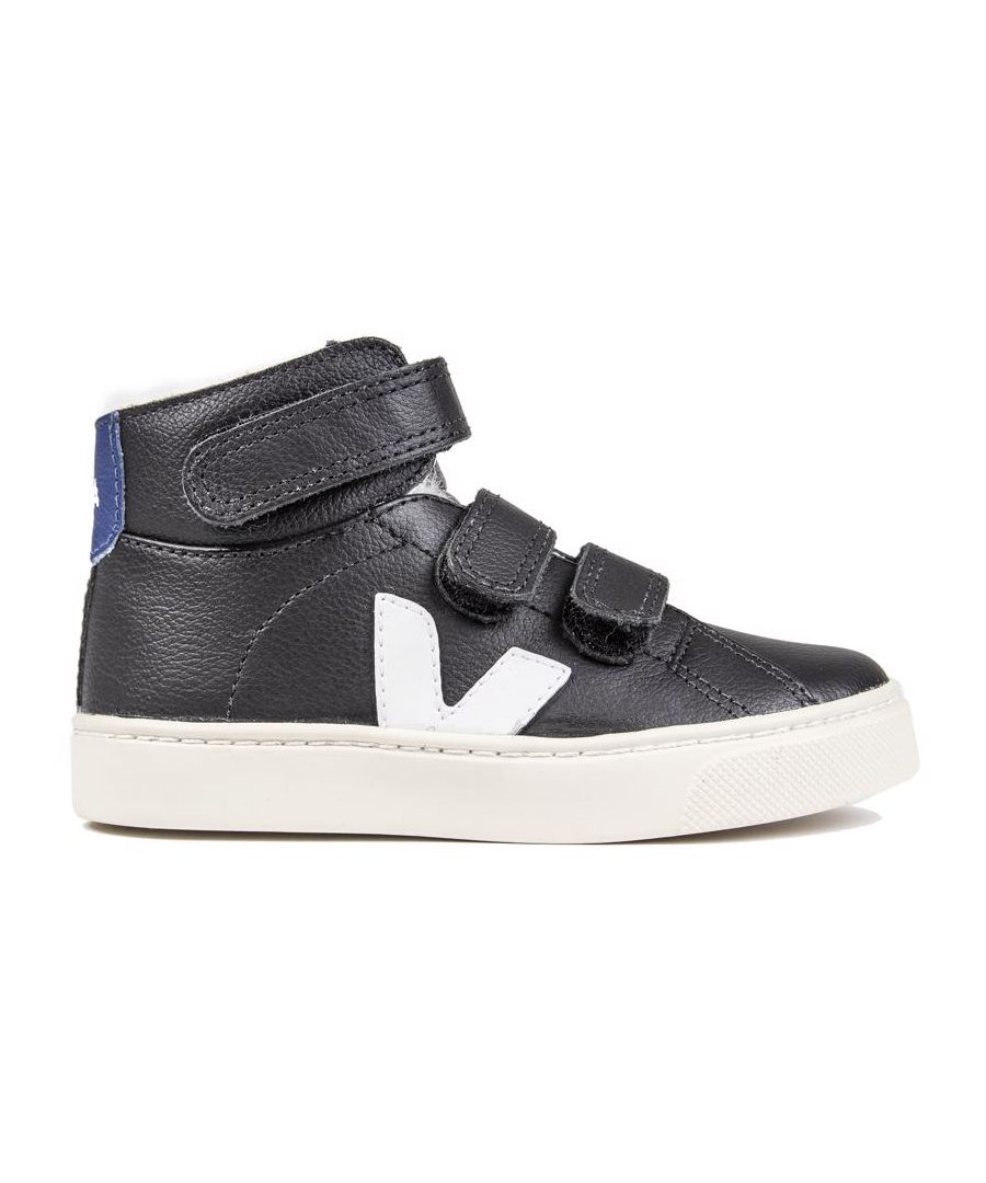 Infants Black Veja Espar Mid Leather Trainers With Triple Easy Hook And Loop Fastening, And Iconic Logo In White On Side And Blue Heel Pad. These Mini Versions Of The Adult Espar Have A Padded Textile Lining And Off-white Rubber Sole.