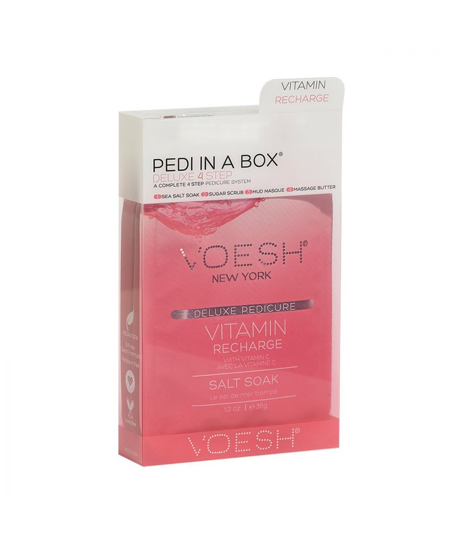 Voesh Vitamin Recharge Deluxe 4 Step Pedicure In A Box with Vitamin C.  The Cleanest And Most Hygienic Spa Pedicure Solution. Enriched With Key Ingredients To Give Your Feet The Nutrition It Needs. Each Product Is Individually Packed With The Right Amount For A Single Pedicure.\n\nThe Perfect Pedi For:\nDIY At-Home Pedicure\nDate Night\nBachelorette Parties\nGirls’ Night In\n\nThe kit contains:\nSea Salt Soak: This soak helps relieve tension, stiffness, minor aches and discomfort in your feet. It helps detox and deodorize the feet.\nSugar Scrub: The scrub gently exfoliates dead skin cells and helps soften your feet. Perfect for use on the soles on your feet.\nMud Masque: The masque removes deep-seated impurities in your skin leaving your feet feeling clean and revived.\nMassage Cream: The massage cream hydrates and soothes skin. It softens the soles of your feet and helps prevent dryness and roughness.\n\n4 Step Includes\nSea Salt Soak 35g: to detox & deodorize the feet.\nSugar Scrub 35g: to gently exfoliate dead skin.\nMud Masque 35g: to deep cleanse impurities.\nMassage Butter 35g: to hydrate and soothe skin.