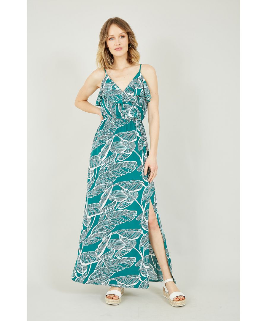 Image for Mela Green Tropical Print Maxi Frill Dress