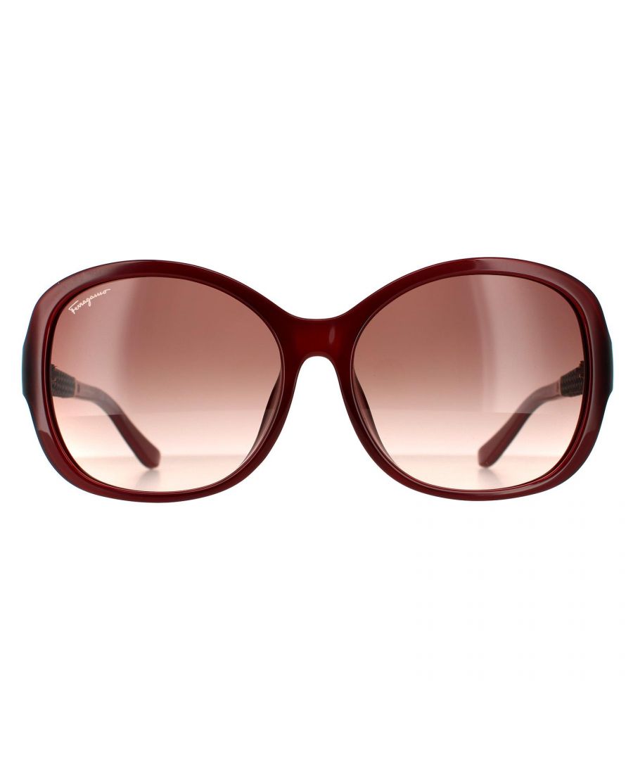 Salvatore Ferragamo Butterfly Womens Red Brown Gradient Sunglasses SF744SLA are a butterfly style crafted from lightweight acetate. The wide arms and feminine curves ensure a stylish look. The Salvatore Ferragamo logo features on the inside of the temples for brand authenticity.