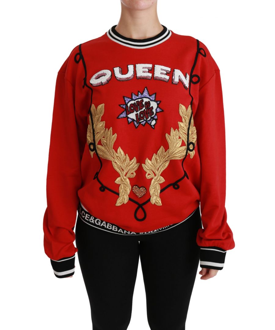 DOLCE & ; GABBANA Gorgeous brand new with tags, 100% Authentic Dolce & ; Gabbana Sweater Model : Crew Neck Pullover Top sweater Material : 100% Cotton Color : Red with multicolor detailing Motive : Queen, Love is Love, Heart Multicolor sequined and gold embroidery Logo details Made in Italy