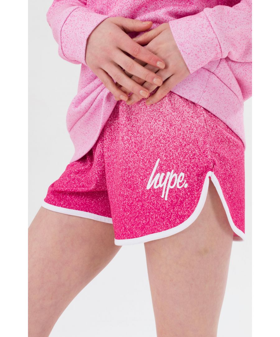 Your new go-to shorts, the HYPE. Pink Speckle Fade Script Running Shorts. Designed in a pink speckle fade pattern with the mini HYPE. script logo in white. Wear with an over-sized tee for a casual fit, or with the matching cropped tee on warmer days. Machine wash at 30 degrees.