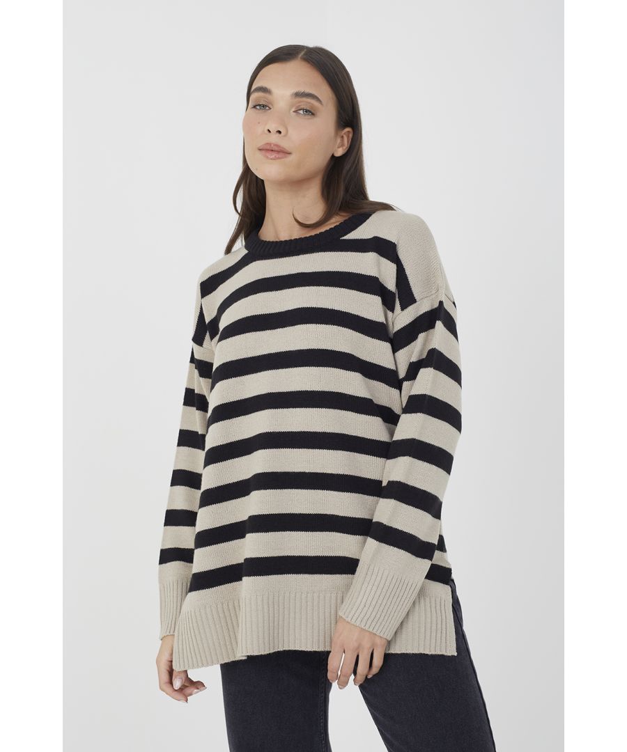 Brave Soul Womens Taupe 'Greyson' Fine Stripe Oversized Knitted Jumper - Size 2XL