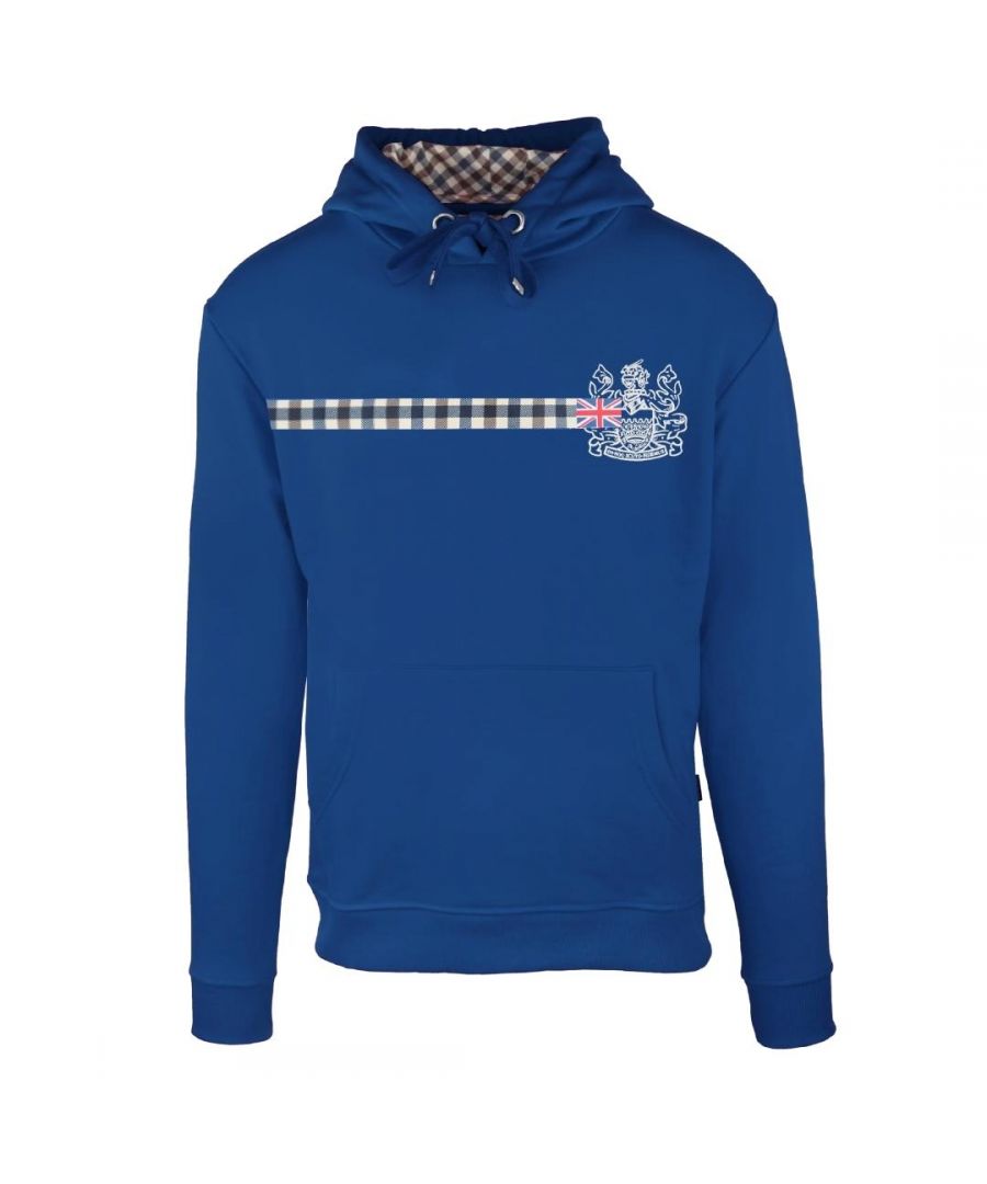 Aquascutum Check Stripe Logo Blue Hoodie. Elasticated Sleeve Ends and Waist, Drawstring Hood. 100% Cotton Sweatshirt, Large Kangaroo Pocket. Regular Fit, Fits True To Size. Style Code: FCIA26 81