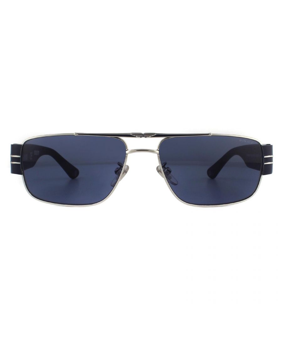 Police Sunglasses SPLA55 Origins 29 0E70 Shiny Palladium Blue  are vintage inspired rectangular shaped frame. The double bridge design and adjustible nose pads allow for a comfortable all day fit. Super thick temples are embellished with a Police logo for brand recognition