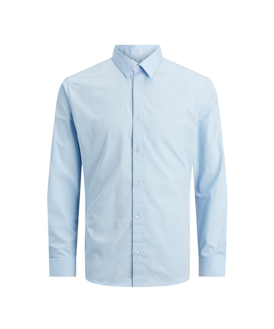 This is Jack & jones formal shirt fit, for when your look demands a very sharp silhouette. Those proportions are maintained with a slim spread collar, button collar. A stunning shirt with a chest pocket.\n\nFeatures:\n\nSuper slim fit shirt with sharp spread collar\nStretch cotton for added movement and comfort\nWith front darts for better fit and shape\n\nSpecifics:\n\nMaterial: 60% Cotton, 40% Polyester\nProduct Code: 12187222\n\nWashing Instruction:\n\nMachine wash at max 40°C under gentle wash programme\nDry clean (no trichloroethylene)\nLow temp. iron. Highest temp. 100°C\n\nPackage Includes: Jack & Jones casual long-sleeved shirt, Cashmere Blue, Small