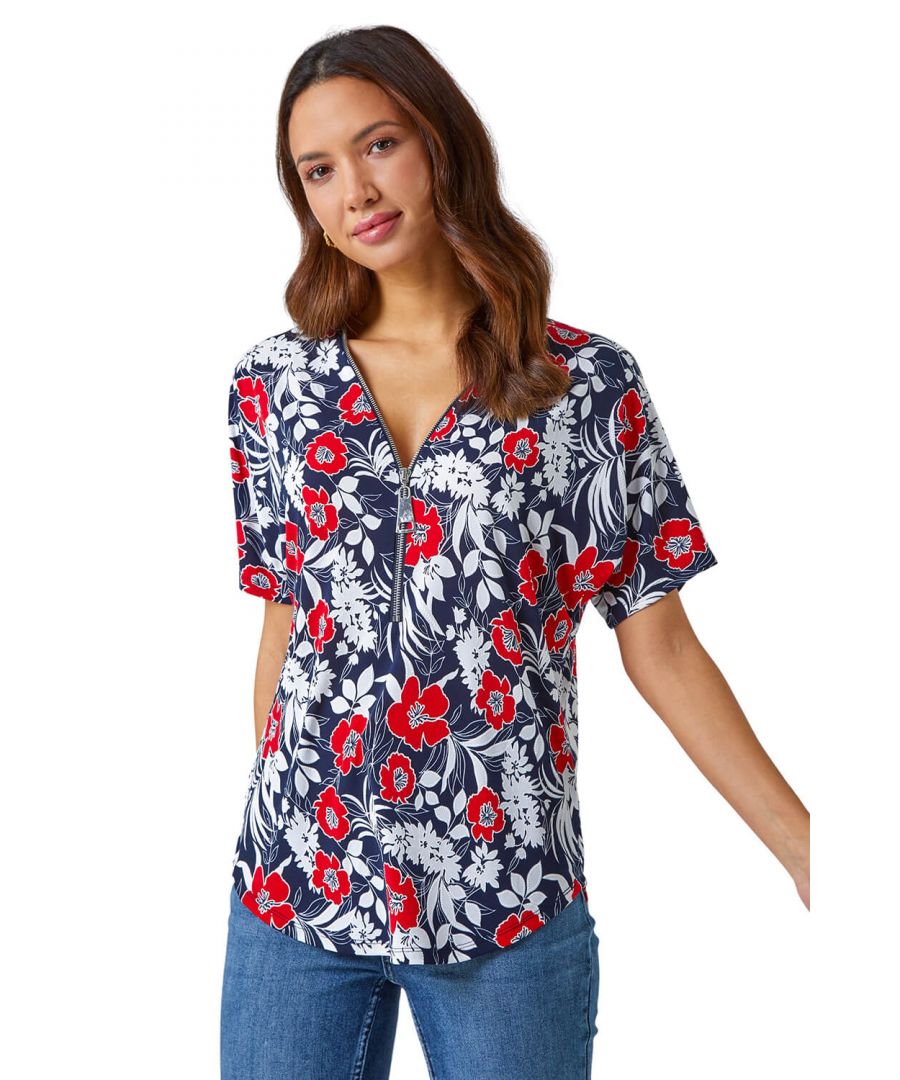 Roman Womens Textured Floral Print Zip Top - Red - Size 16 UK