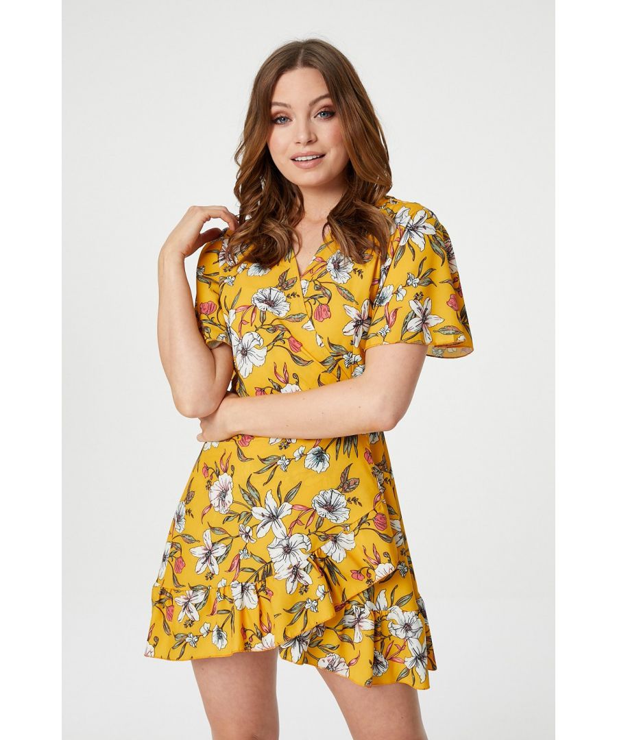 Go girly in flirty floral with this stunning spring floral wrap dress. It has short frilled sleeves, a wrap front and sits above the knee. Wear with strappy sandals and a clutch for a night out.