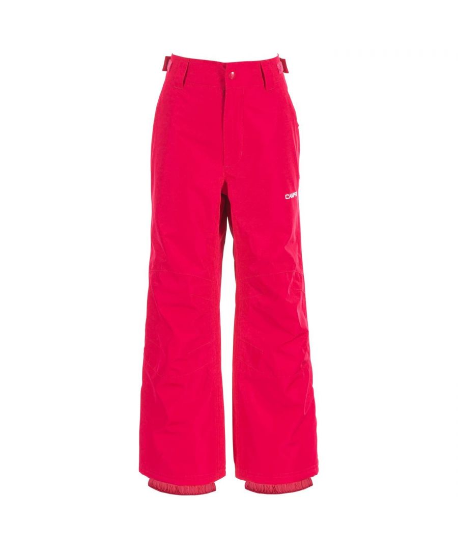 Hit the slopes with the Juniors Campri Ski Pants. They're a padded construction with a zip fly, popper fastening and a touch and close adjustable waist. The pants feature a fantastic waterproof rating, two zipped hand pockets for storage and a soft lining for comfort. The hems have inner elasticated cuffs and can be expanded. The design is complete with signature Campri branding.