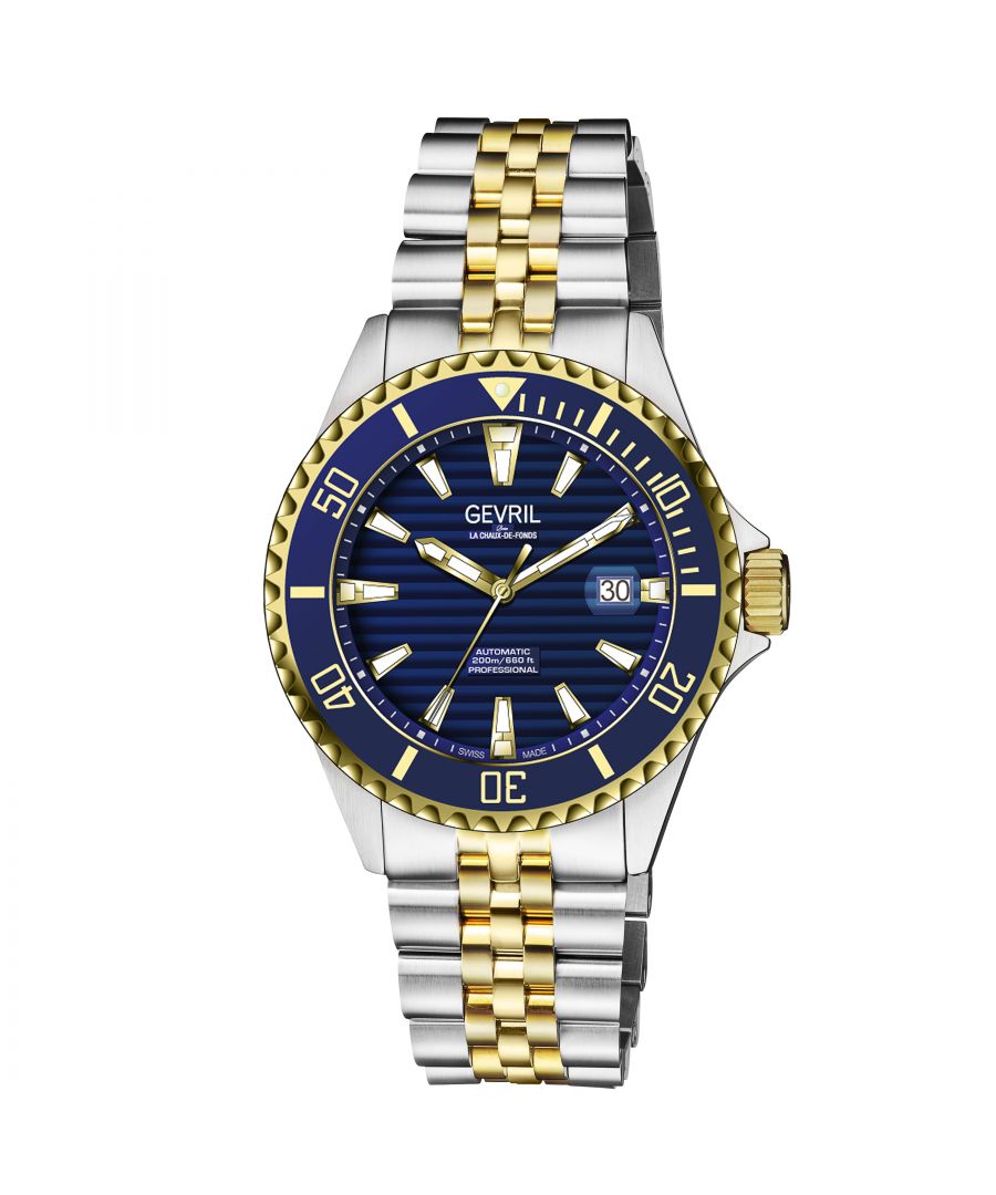 Gevril 42603 Men's Chambers Swiss Automatic Watch\n\nGevril Men's Chambers Swiss Automatic Watch\n42mm 316L Stainless Steel Case with Blue/Gold Ceramic Bezel\nBlue Dial, Date Magnifier, Screw Down Crown\nTwo-toned SS IPYG Bracelet with Deployment Buckle\nAnti-reflective Sapphire Crystal\nWater Resistant to 200 Meters/20 ATM\nSwiss Made Automatic, Sellita SW200 Movement