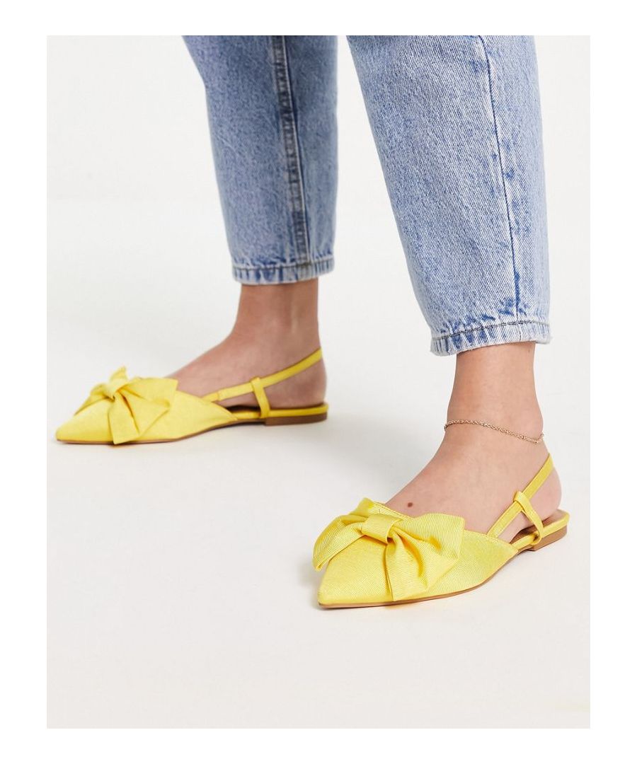 Sandals by ASOS DESIGN Exclusive to ASOS Elasticated slingback strap Bow detail Pointed toe Flat sole Wide fit Sold by Asos