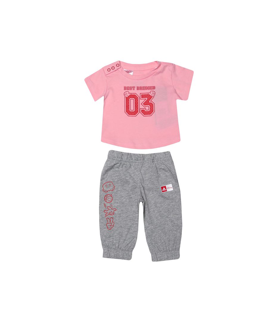 Baby adidas x Disney Tee And Pants Set in pink.- Shirt:- Crewneck with snap buttons.- Short sleeves.- ©Disney.- Regular fit.- Main Material: 100% Cotton. Machine washable. - Pants: - Elastic waist.- Ribbed cuffs.- ©Disney.- Regular fit.- Main Material: 100% Cotton. Machine washable. - Ref: GN4930B
