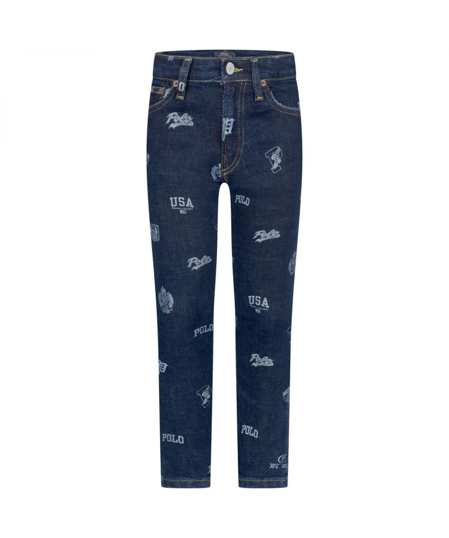 An iconic style from Ralph Lauren Kids perfect for everyday styling, these boys' jeans are crafted from soft and durable denim. Cut for a skinny fit and finished with all-over polo branded details. With five-pocket styling and a button and fly fastening. Pair with a Ralph Lauren polo for a classic weekend style.\n                \n                Made in Great Britain