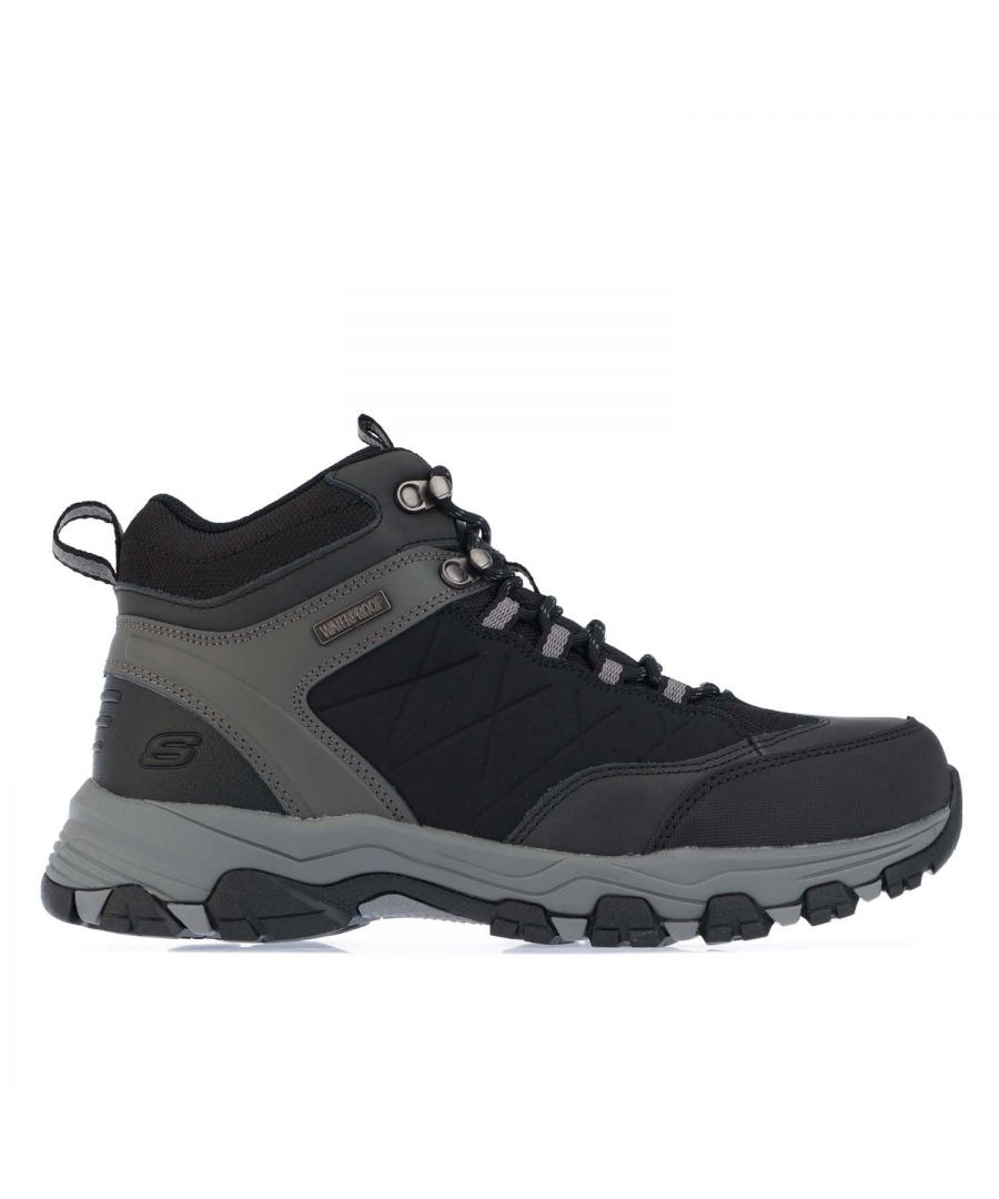Mens Skechers Selmen Telago Boots in black.- Leather and synthetic upper.- Lace up front with metal top eyelet.- Padded collar and tongue.- Gusset tongue keeps out the weather.- Seam sealed waterproof design.- SKECHERS logo detail on tongue.- Air Cooled Memory Foam full length cushioned comfort insole.- Waterproof.- Rubber toe guard.- Flexible rubber high traction outsole.- Ref:66283BLK