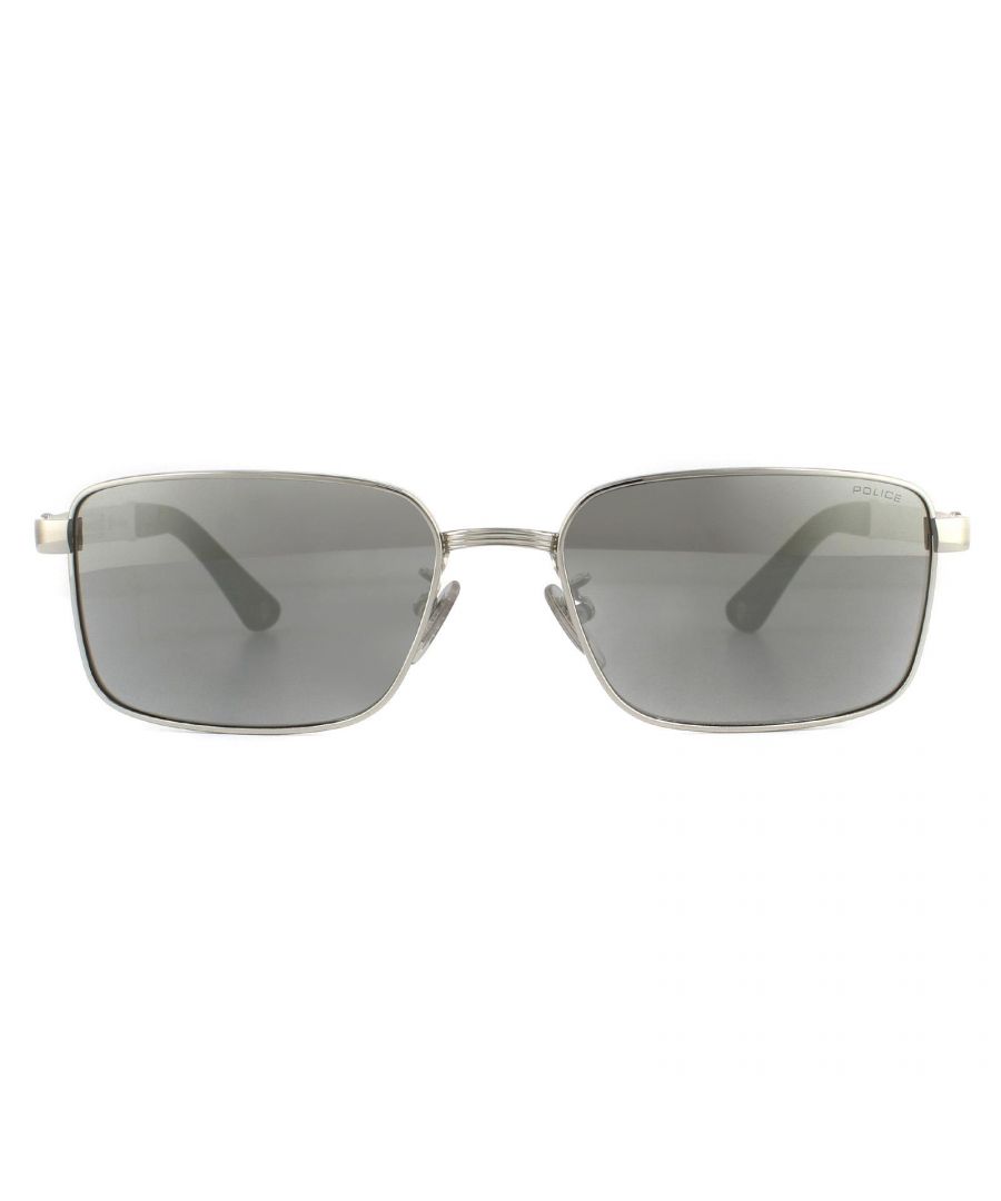 Police Sunglasses SPLA54 Origins 28 589X Shiny Palladium Silver Mirror  are a rectangle shape with a lightweight metal frame. Adjustible nose pads and temples tipped with plastic allow for a personalised fit. The slim temples feature the brand's logo for brand authenticity