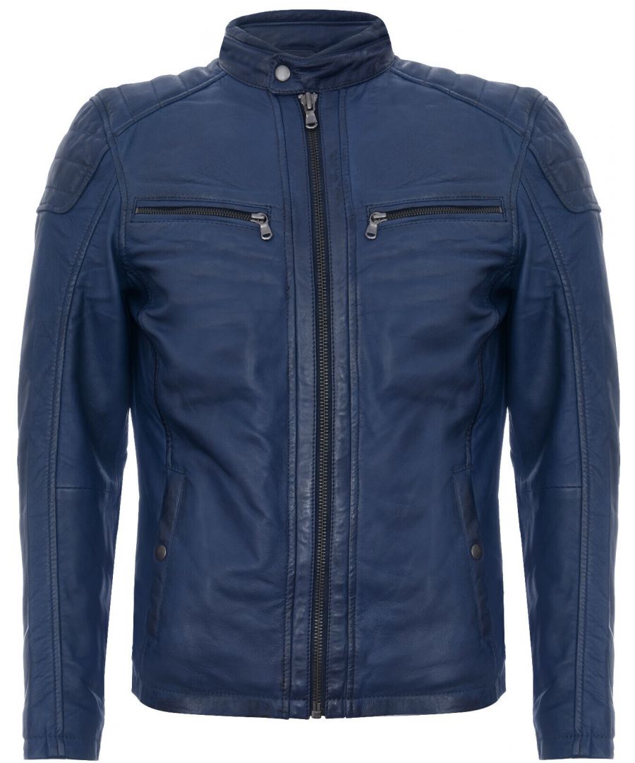Infinity Leather Mens Navy Vintage Quilted Racing Zipped Biker Jacket - Size 3XL