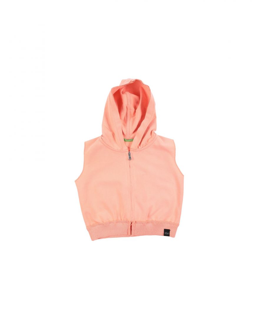 logo, basic solid colour, hooded collar, sleeveless, front closure, zip, no pockets, french terry lining, wash at 30° c, do not dry clean, iron at 110° c max, do not bleach, do not tumble dry, stretch, small sized